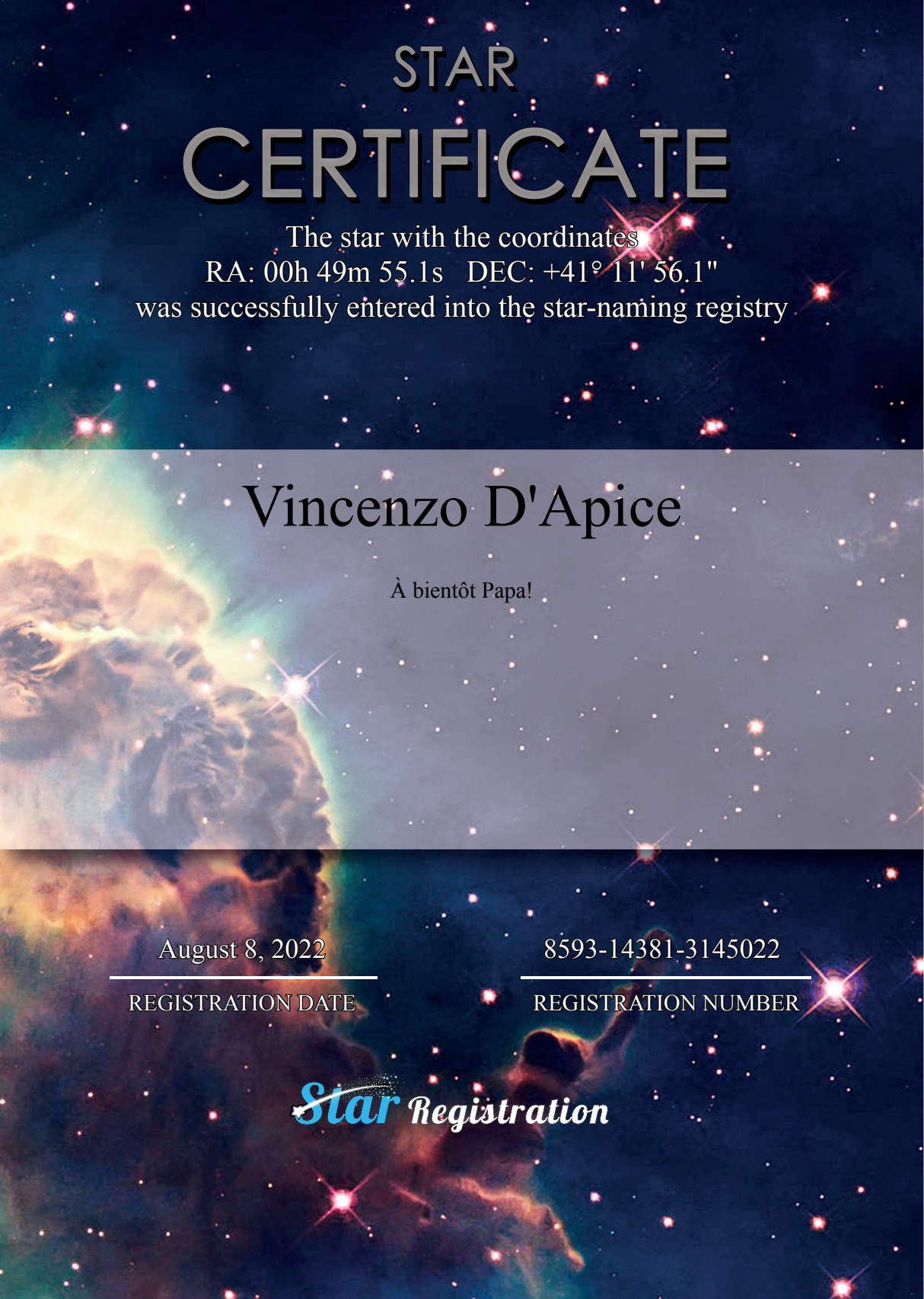 Star registration certificate for Vincenzo D'Apice — August 8, 2022